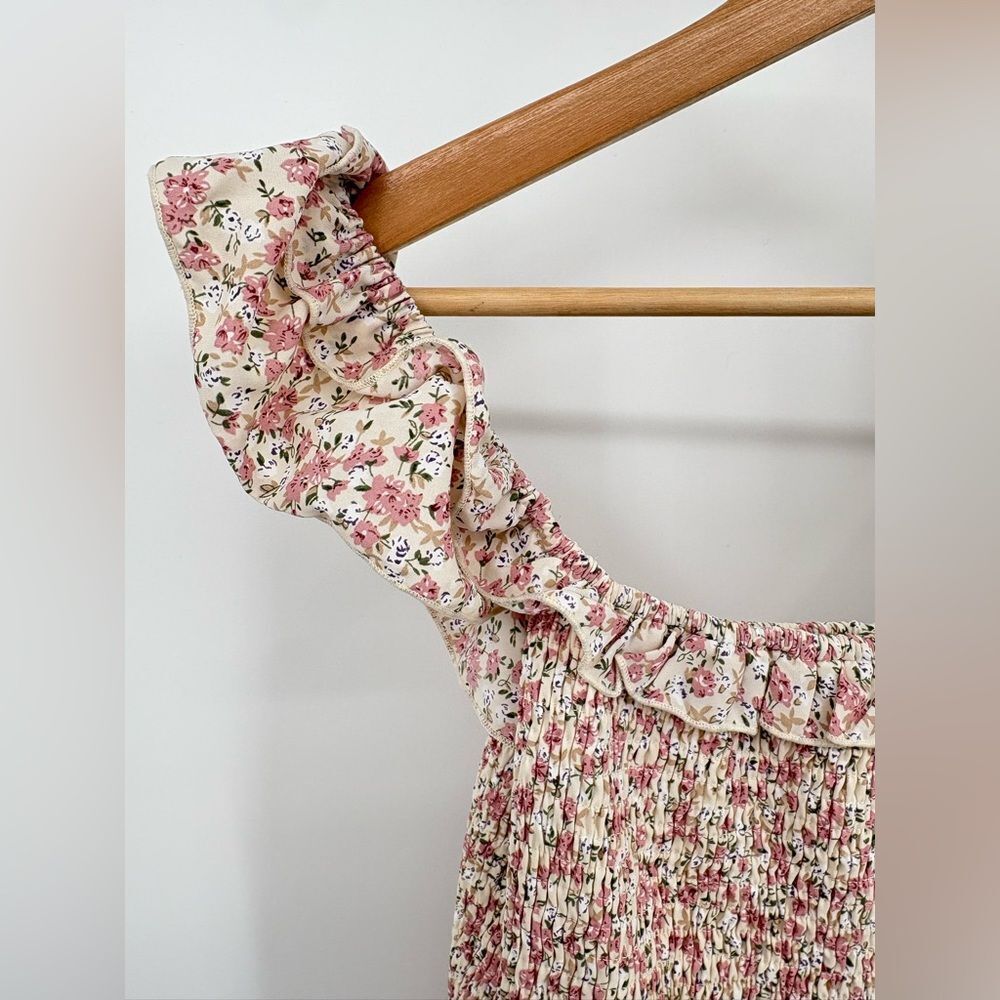 Womens Smocked Calf Midi Dress In Pink | large | cottagecore - Picture 3 of 6
